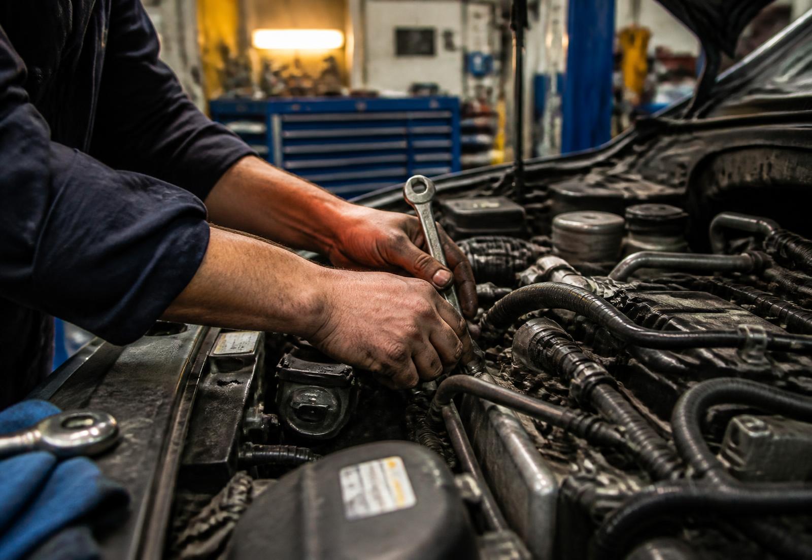 Meccanico al lavoro sul motore di un'auto nell'officina di Mattinata
